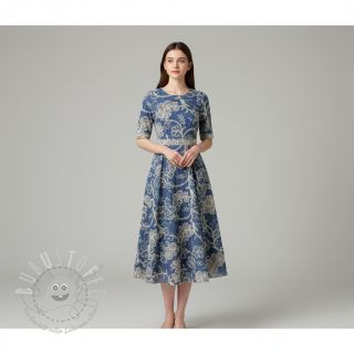 Baumwollstoff JEANS Embroidery leaves light blue