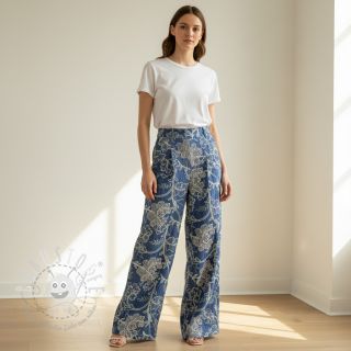 Baumwollstoff JEANS Embroidery leaves light blue