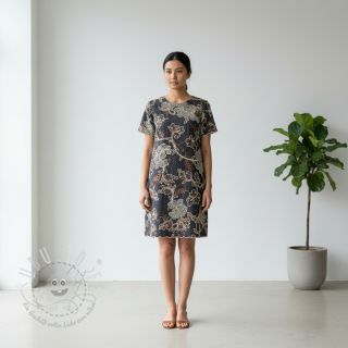 Baumwollstoff JEANS Embroidery leaves black