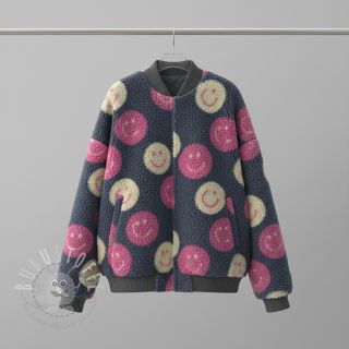 Mantelstoff TEDDY JACQUARD Happy faces jeans