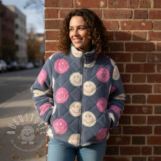 Mantelstoff TEDDY JACQUARD Happy faces jeans