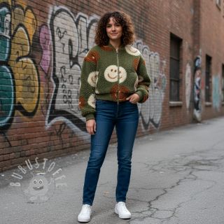 Mantelstoff TEDDY JACQUARD Happy faces green