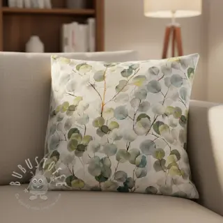 Dekostoff Linenlook Eucalyptus boho leaf digital print
