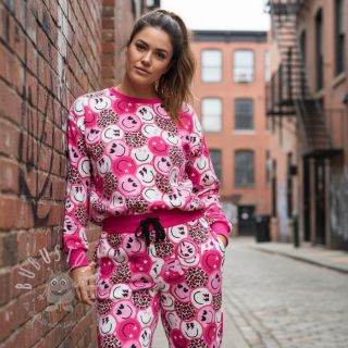 Sweatstoff Happy faces pink digital print