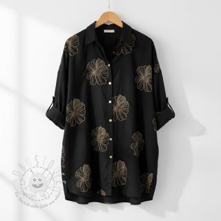 Viskosestoff leinen EMBROIDERY Flower Maya black