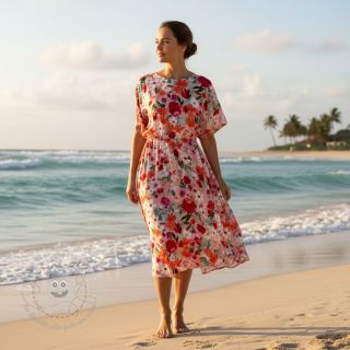 Viskosestoff SATIN Red flowers digital print