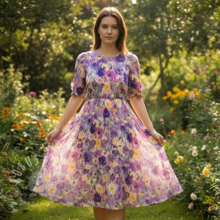 Viskosestoff SATIN Lavender flowers digital print