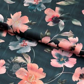 Baumwollstoff SATIN Penny flower petrol digital print