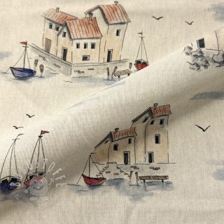 Dekostoff Linenlook Seaside House View digital print