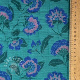 Double gauze/musselin STEPPED Flowers petrol