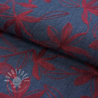Baumwollstoff JEANS Embroidery Flowers burgundy