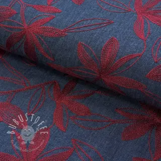 Baumwollstoff JEANS Embroidery Flowers burgundy