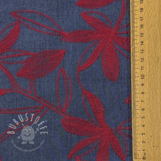 Baumwollstoff JEANS Embroidery Flowers burgundy