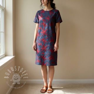 Baumwollstoff JEANS Embroidery Flowers burgundy