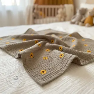 Double gauze/musselin EMBROIDERY Sunflowers beige