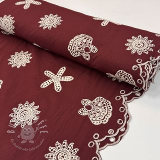 Baumwollstoff EMBROIDERY Sea ornaments bordeaux