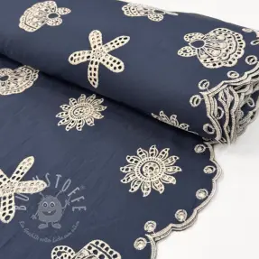 Baumwollstoff EMBROIDERY Sea ornaments navy