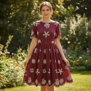 Baumwollstoff EMBROIDERY Sea ornaments bordeaux