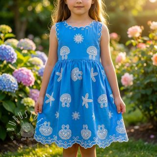 Baumwollstoff EMBROIDERY Sea ornaments light blue