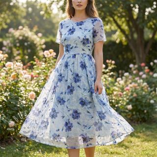 Baumwollstoff mit Beimischung EMBROIDERY Rose blue