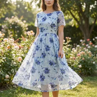 Baumwollstoff mit Beimischung EMBROIDERY Rose blue