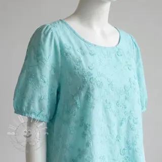 Baumwollstoff EMBROIDERY Catchy leaves aqua