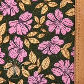 Baumwollstoff SATIN Autumn flowers dark green