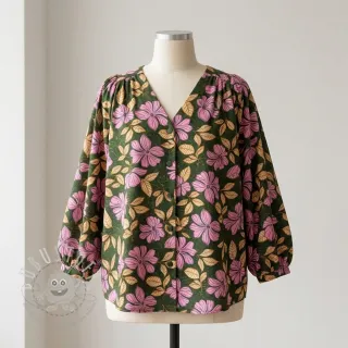 Baumwollstoff SATIN Autumn flowers dark green