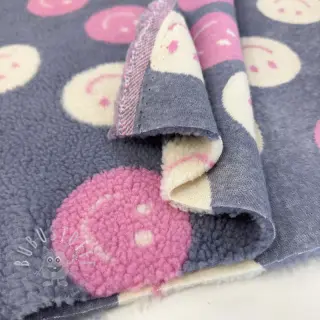 Mantelstoff TEDDY JACQUARD Happy faces jeans