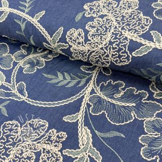 Baumwollstoff JEANS Embroidery leaves light blue