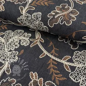 Baumwollstoff JEANS Embroidery leaves black