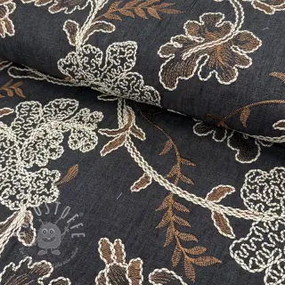 Baumwollstoff JEANS Embroidery leaves black