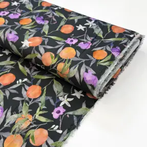 Viskosestoff SATIN Leaves and oranges digital print