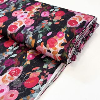 Viskosestoff SATIN Night flowers black digital print