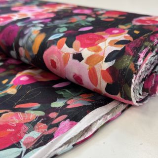 Viskosestoff SATIN Night flowers black digital print