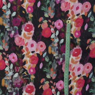 Viskosestoff SATIN Night flowers black digital print