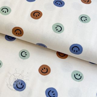 Baumwollstoff FLANNEL Happy faces off white green