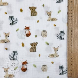Double gauze/musselin Forest animals white digital print