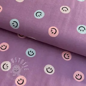Baumwollstoff FLANNEL Happy faces lavender