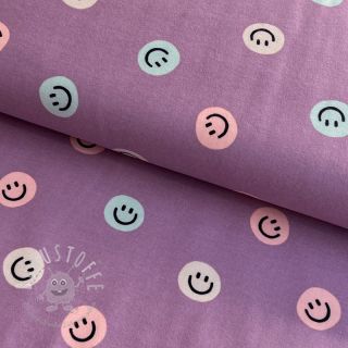 Baumwollstoff FLANNEL Happy faces lavender