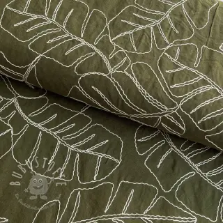 Viskosestoff leinen EMBROIDERY Leaves forest green
