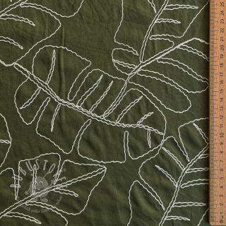 Viskosestoff leinen EMBROIDERY Leaves forest green