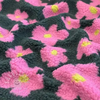 Mantelstoff TEDDY JACQUARD Flowers army green/pink